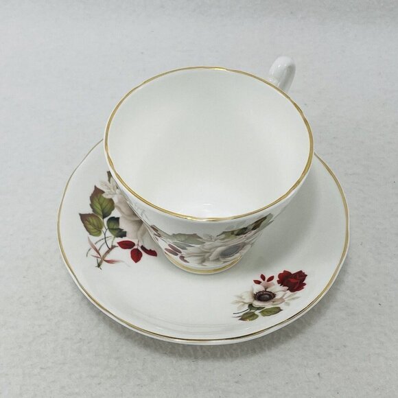 Vintage England Allyn Nelson Teacup Saucer Cup Set Red Rose White Flower Spring - Picture 6 of 10